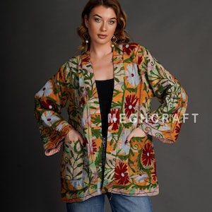 Handmade Vintage Suzani Embroidered Jacket - Indian Kantha Stitched Coat