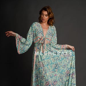 Bohemian Silk Maxi Dress - Bell Sleeve Tie top Style Dress - Summer Fashion Boho Embroidered Silk maxi Dress Women - Beach wear