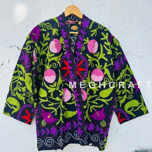 Black Color Exclusive Hand Embroidered Suzani Jacket - Women Suzani Short Jacket - Winter Fashion Boho Suzani Coat Kimono Robe