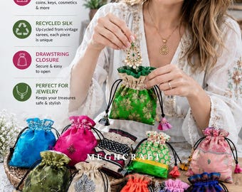Wholesale Vintage Recycled Silk Sari Jewelry Pouches: Sustainable Drawstring Gift Bags