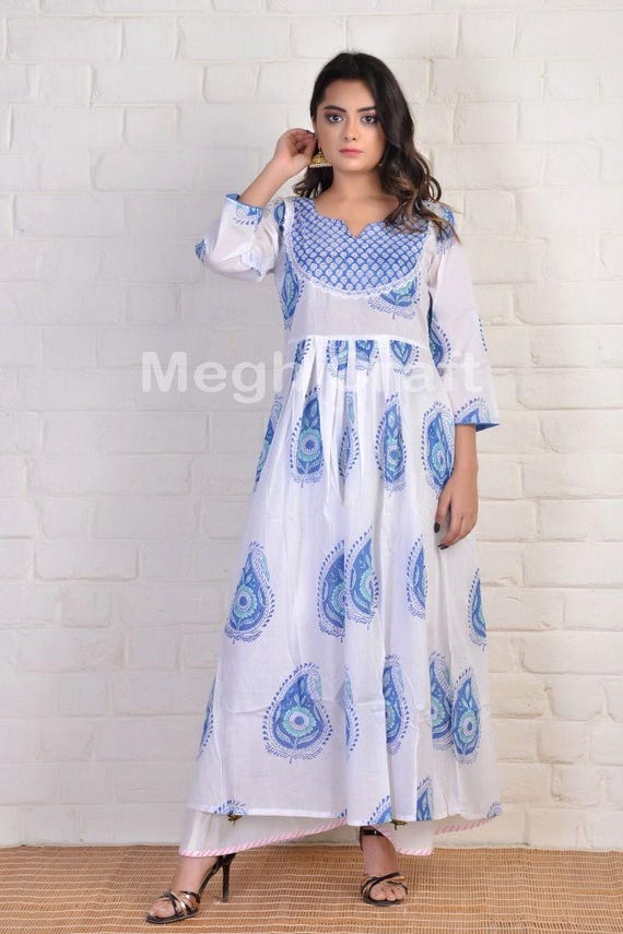 White Cotton Maxi Dress: Block Printed Indian Summer Tunic