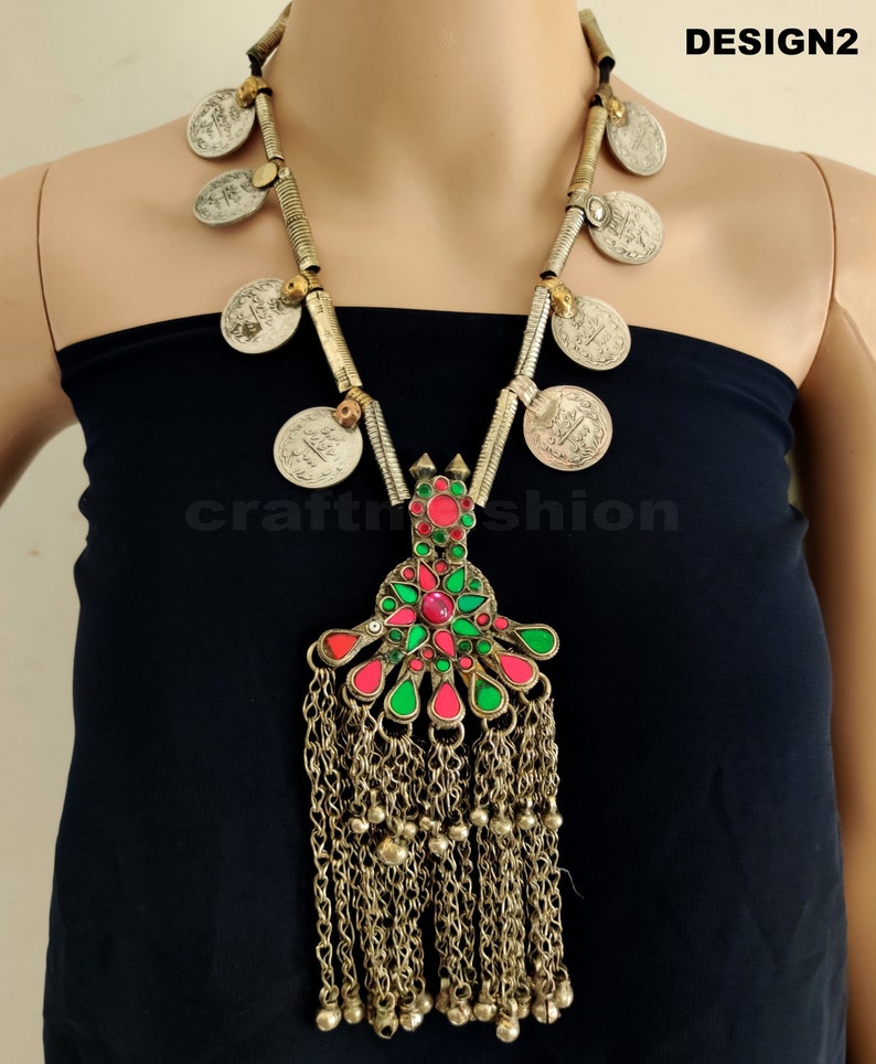 Vintage German Silver Necklace-Afghan Kuchi Boho Necklace-Bohemian Gypsy Jewelry-Gungroo Necklace-Navrati Jewelry-Afghan stone Neacklace