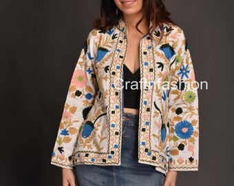 Handmade Suzani Embroidered Bomber Jacket: Bohemian Floral Jacket