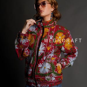 Handmade Floral Embroidered Kantha Jacket: Vintage Suzani Bohemian Bomber
