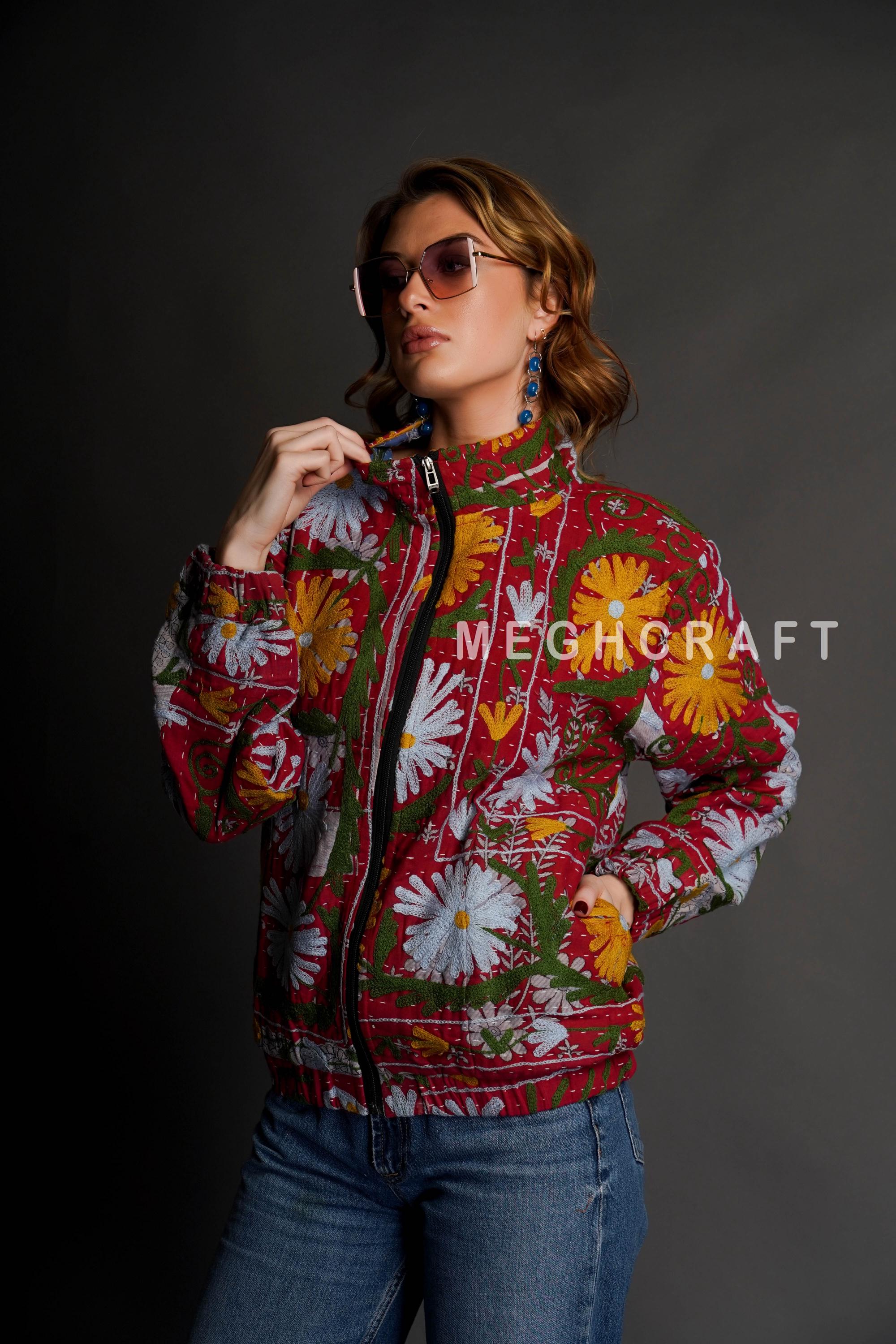 Women Handmade Floral embroidered Vintage Kantha Suzani Bomber Jacket - Bohemian Embroidered Bomber Jacket - Biker style winter jacket