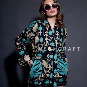 Exclusive Hand Embroidered Suzani Jacket Black - Cotton Suzani Short Jacket - Handmade Women Suzani Coat Short kimono Robe