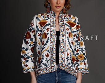 Handmade Suzani Embroidered Bomber Jacket: Bohemian Floral Jacket