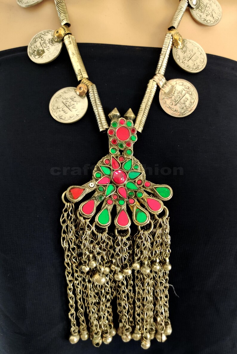 Vintage German Silver Necklace-Afghan Kuchi Boho Necklace-Bohemian Gypsy Jewelry-Gungroo Necklace-Navrati Jewelry-Afghan stone Neacklace