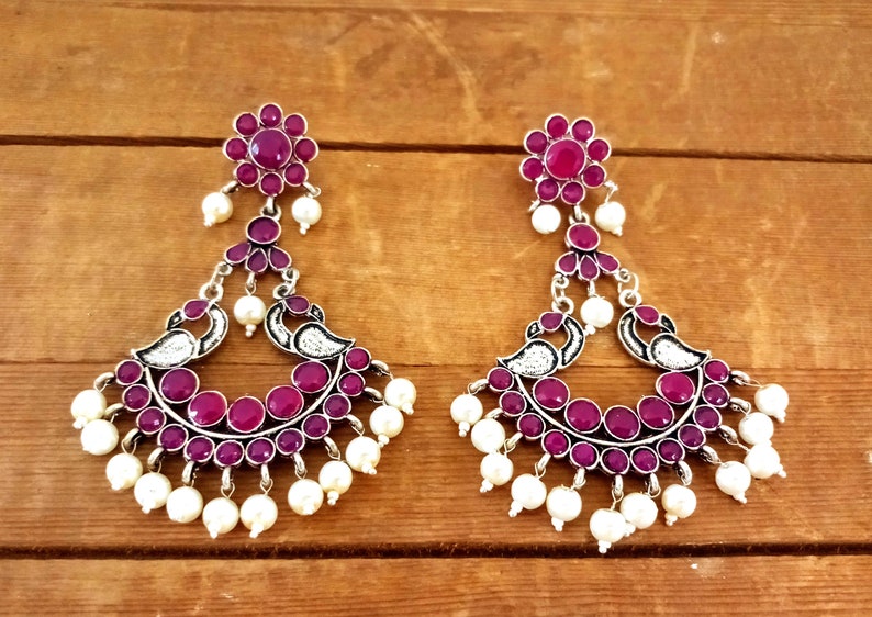 Pink Colored Stone Beaded Peacock Earrings Oxidized Silver Plated Earrings-Designer Afghani Style Earrings-Pearl Beaded Pakistani Earrings