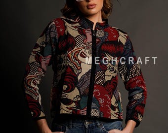 Womens Jacquard Bomber Jacket: Retro Bohemian Fashion