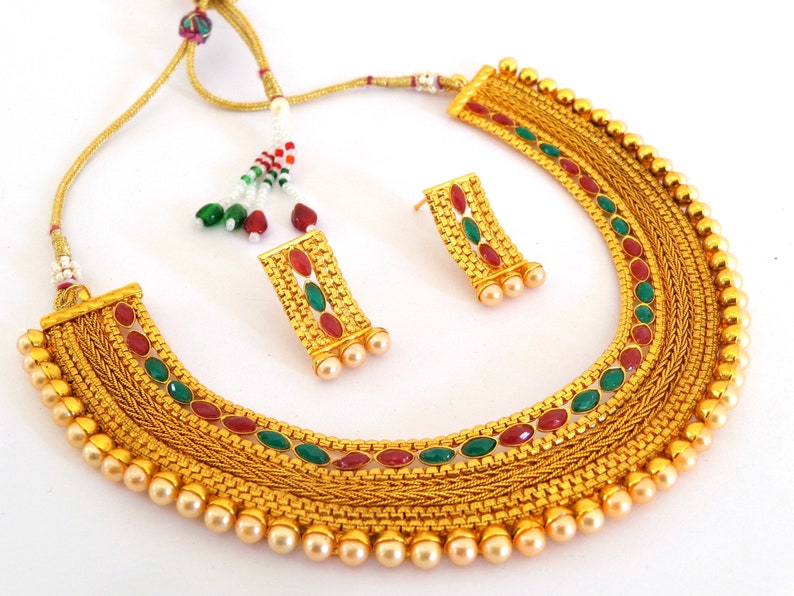 Traditional One Gram Gold Necklace Stone /& Pearl Beaded Jewelry Women Ethnic Fashion Bollywood Style Jewelry Wedding Wear Necklace Set
