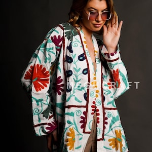 Designer Boho Embroidered Suzani Jacket - Cotton Suzani Short Jacket - Handmade Women Suzani Coat Short kimono Robe