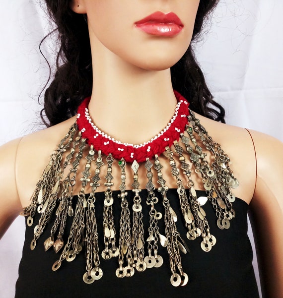 Vintage German Silver Necklace-Afghan Kuchi Boho Necklace-Bohemian Gypsy Jewelry-Gungroo Necklace-Navrati Jewelry-Afghan stone Neacklace