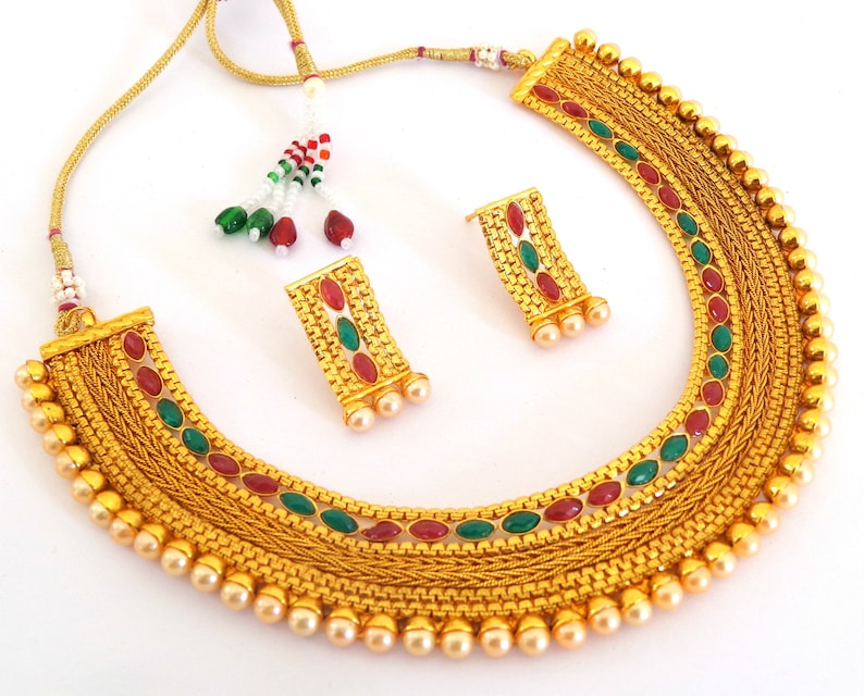 Traditional One Gram Gold Necklace Stone /& Pearl Beaded Jewelry Women Ethnic Fashion Bollywood Style Jewelry Wedding Wear Necklace Set