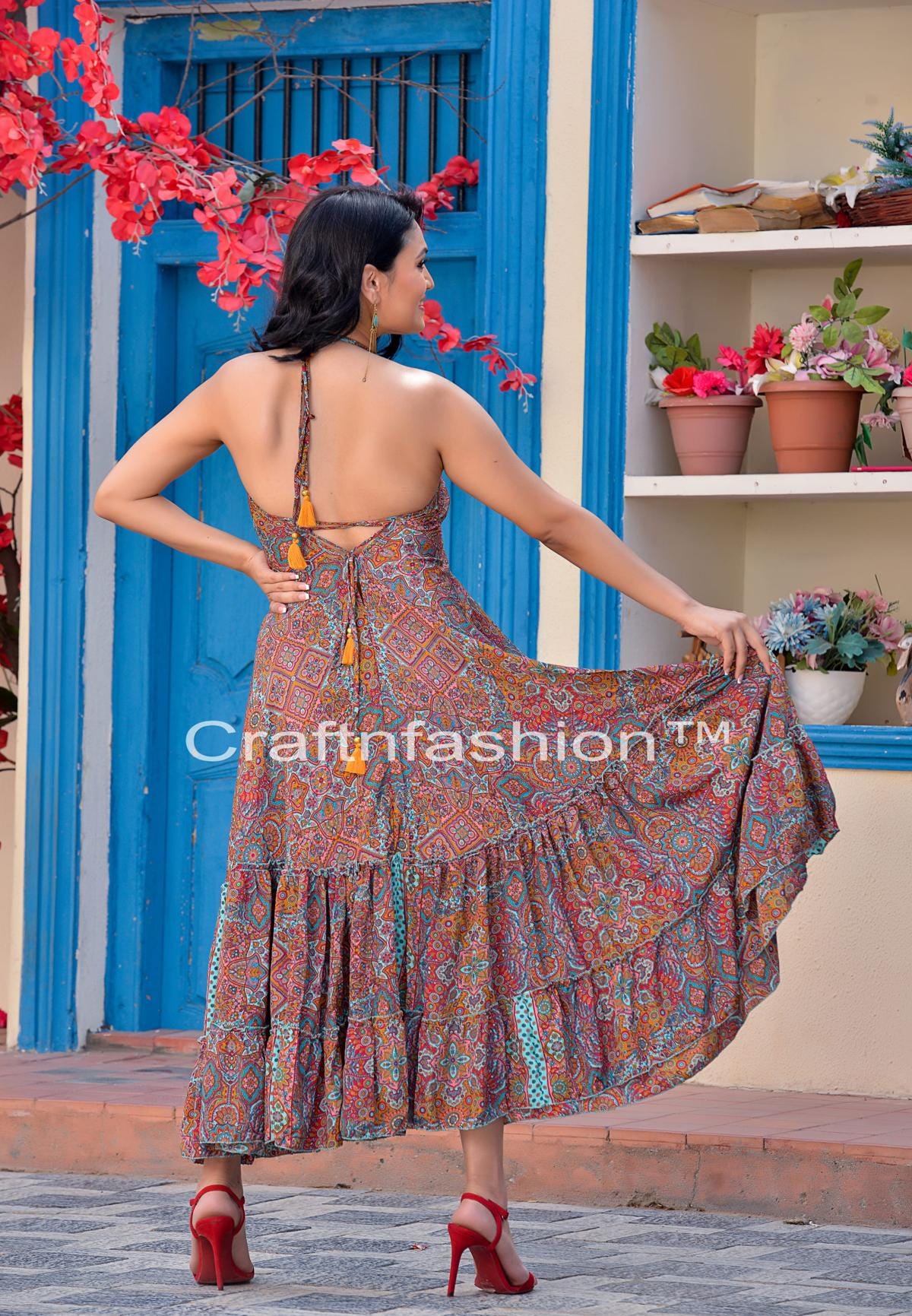boho halter neck maxi dress BLACK TIE WAIST DRESS – Menatique main image 1
