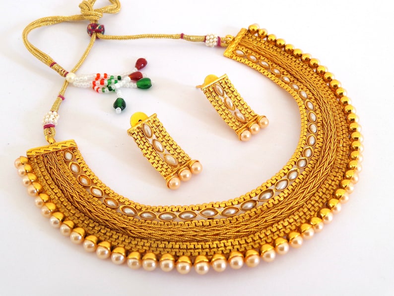 Traditional One Gram Gold Necklace Stone /& Pearl Beaded Jewelry Women Ethnic Fashion Bollywood Style Jewelry Wedding Wear Necklace Set