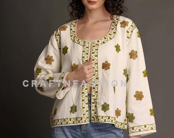 Handmade Suzani Embroidered Bomber Jacket: Bohemian Floral Jacket