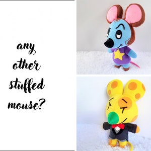 May include: Two plush stuffed animal mice. One is blue with a purple shirt and a yellow star. The other is yellow with orange spots and a black tuxedo. The text "any other stuffed mouse?" is written in black cursive on a white background.