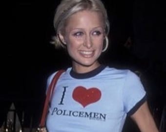 Paris Hilton I LOVE POLICEMEN Ringer T-shirt Y2K 2000s Mcbling