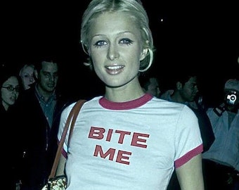 Paris Hilton BITE ME Baby Tee - Bite me T-shirt Women - Y2k Slogan Crop Top - Women's Baby Tee 2000s Mcbling