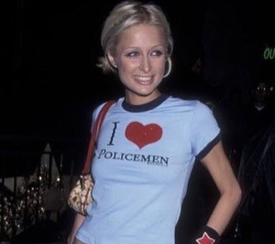 Paris Hilton I LOVE POLICEMEN Ringer T-shirt Y2K 2000s Mcbling