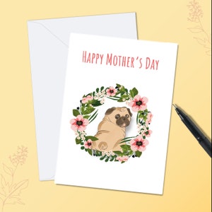 Biglietto per la festa della mamma del carlino. Biglietto per la festa della mamma del cane. Ideale per gli amanti dei carlini e dei cani. Carta carina.