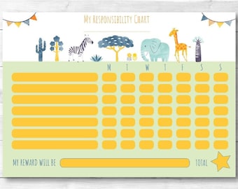 Printable Kids Reward Chart - Cute Animals. Printable. Instant Download. Sticker Reward Chart.