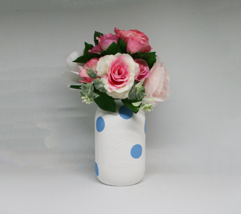 Baby Shower Decor Wedding Decor Set of Hand Painted Blue Polka Dot and Blue Quart and Pint Mason Jar
