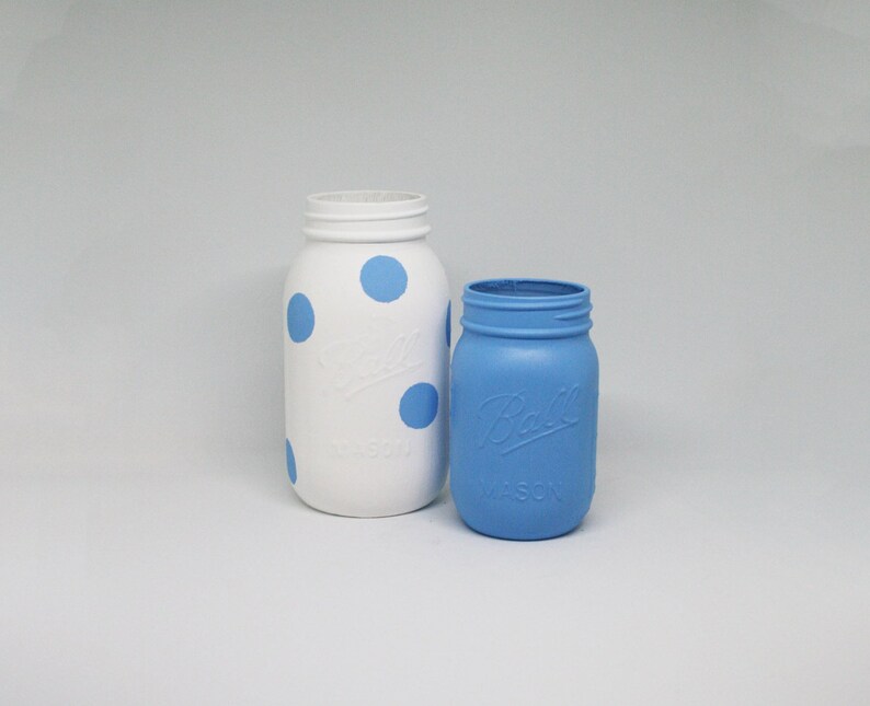 Baby Shower Decor Wedding Decor Set of Hand Painted Blue Polka Dot and Blue Quart and Pint Mason Jar
