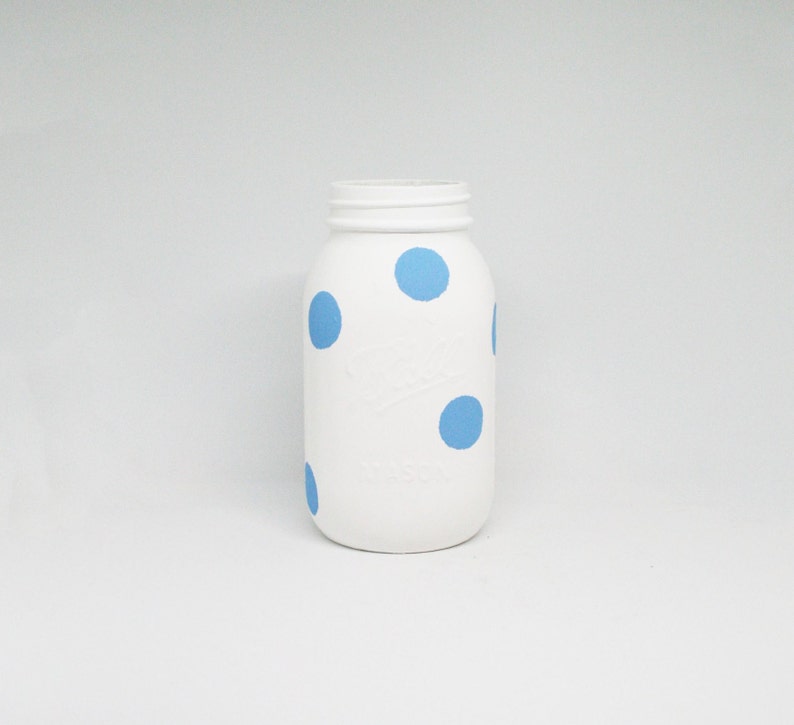 Baby Shower Decor Wedding Decor Set of Hand Painted Blue Polka Dot and Blue Quart and Pint Mason Jar