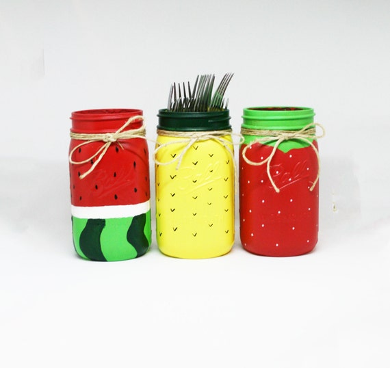 Hand Painted Fruit Mason Jar Set Bbq Centerpiece Flower Etsy