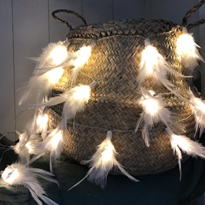 Può includere: Una ghirlanda di luci bianche con accenti di piume avvolte attorno a un cesto intrecciato. Le luci sono accese ed emettono un bagliore caldo.