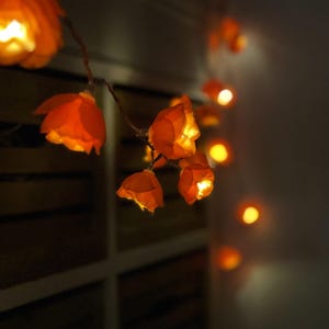 Può includere: Una stringa di luci a forma di fiore arancione. Le luci sono illuminate, emettendo un bagliore caldo. I fiori sono disposti lungo un filo sottile, creando un elemento di illuminazione decorativo. Lo sfondo è scuro, enfatizzando la luminosità delle luci.