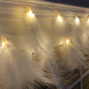 Può includere: Una ghirlanda di luci fatate con piume bianche e lampadine LED bianco caldo. Le luci sono infilate su un filo trasparente e sono perfette per aggiungere un tocco di fantasia a qualsiasi stanza.