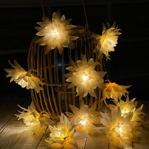 Può includere: Una ghirlanda di luci a forma di fiori illuminati, simili a carta, drappeggiata attorno a un cestino di vimini. Le luci sono di un giallo caldo, creando un bagliore soffuso sullo sfondo scuro. Il cestino è in vimini naturale.