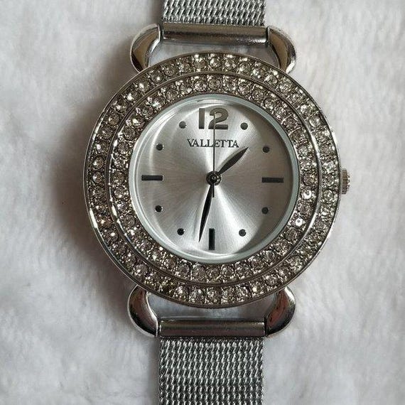 Vintage Valletta Rhinestone Bezel Silver Tone Casual Stainless Steel Watch Japan Movt Etsy