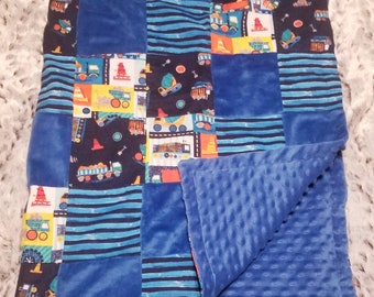 Construction theme blanket, Minky blue blanket, Baby shower gift, boy gifts