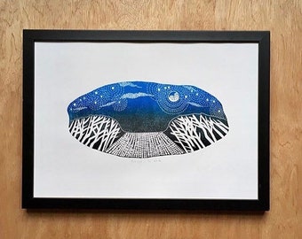 Midnight In The Woods, linocut, night time, stars, printmaking