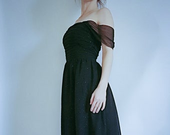 Black Chiffon Dress with Rhinestones, off shoulder , Prom Dress, midi skirt