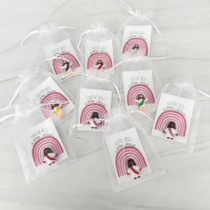 May include: Several small, clear organza bags each contain a miniature Jesus figurine and a card. The cards feature a pink rainbow and the text "Everyone Needs a Little Jesus". The figurines are in various skin tones.