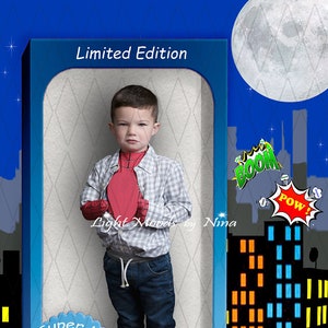 Super herói em uma caixa, fundo digital, fundo de fantasia, fundo de super-herói, fundo de cidade, cidade de desenho animado, combatentes do crime, caixa divertida