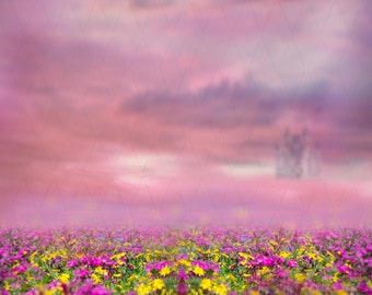 Castle backdrop. Digital background. Wildflower background. Dreamy background. Princess background. Grassy field. Field background.