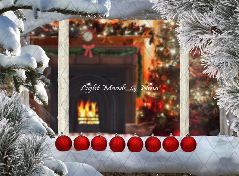 Winter background Snowy trees Beautiful Winter Window Window sill decoration Digital background Snowy window Window background
