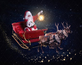 Santa&#39;s night ride, 6 Christmas digital backdrops, Santa&#39;s sleigh, Santa&#39;s reindeer, Magical background, Night sky, Snowy background, Dreamy