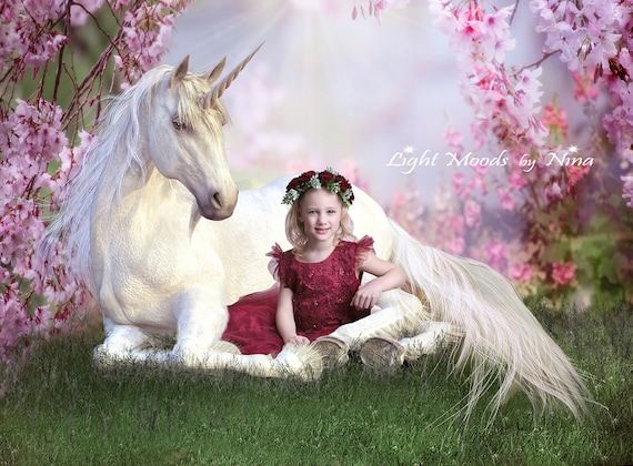 Unicorn in Cherry Blossoms, Flower Digital Background, Cherry