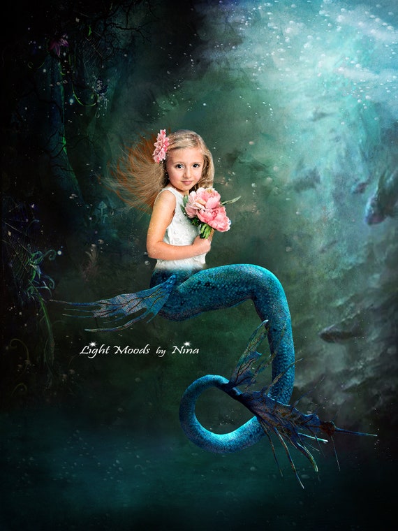 Deep Sea Mermaid Digital Background. A Dreamy Underwater Scene