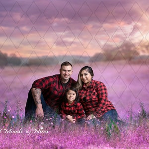 May include: A family of three, a man, a woman, and a child, are sitting in a field of purple flowers. They are all wearing red and black checked shirts. The background is a blurred image of a sunset sky.