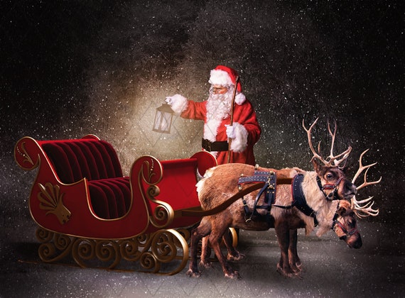 Santa and reindeer, Santa sleigh, Digital background, Winter background,  Snowy background, Christmas background, Holiday backdrop, Landscape