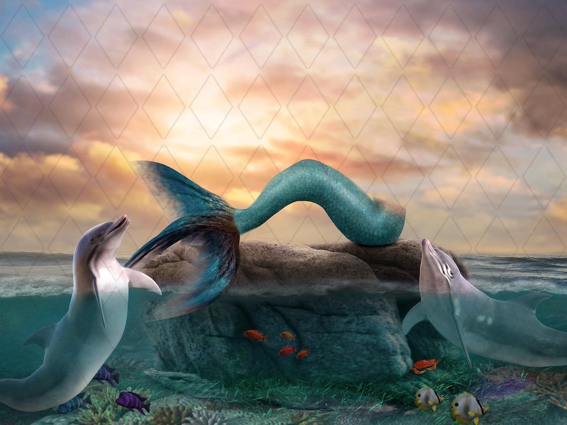 Beautiful mermaid sitting on a rock digital background. Etsy