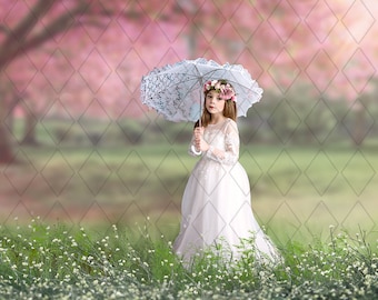 Cherry tree digital background, dreamy pink tree, grassy field, baby breath overlay, instant downloads.